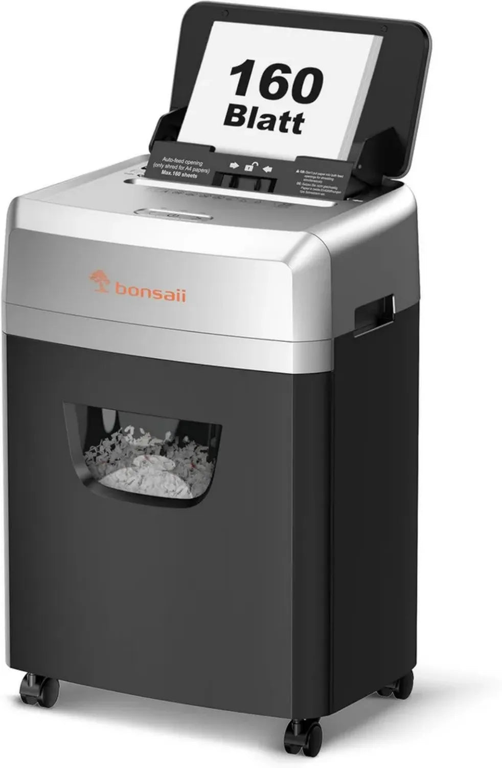 Bonsaii P-4 Aktenvernichter mit 160-Blatt-Automatik und Leisebetrieb, 60 Min Laufzeit, 23L Abfallbehälter, Ideal für Büro